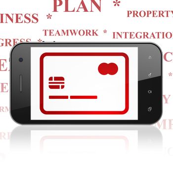 Business concept: Smartphone with  red Credit Card icon on display,  Tag Cloud background