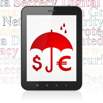 Safety concept: Tablet Computer with  red Money And Umbrella icon on display,  Tag Cloud background