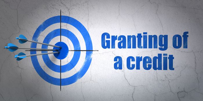 Success money concept: arrows hitting the center of target, Blue Granting of A credit on wall background