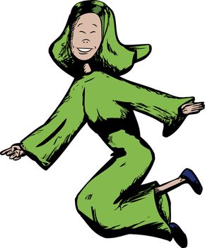 Cartoon of pretty Muslim teenager jumping on isolated background