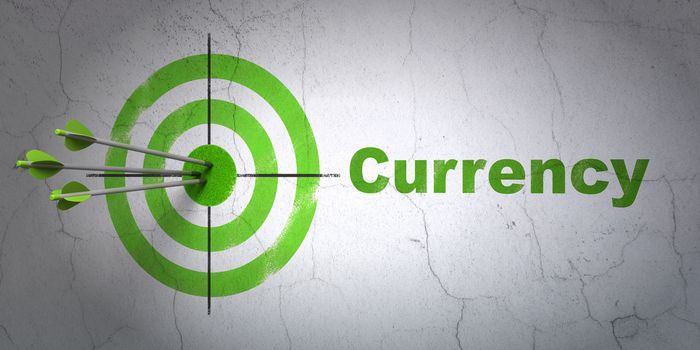 Success banking concept: arrows hitting the center of target, Green Currency on wall background
