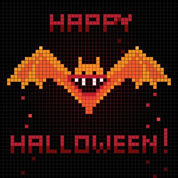 Halloween greetings card, pixel illustration of a scoreboard composition with digital drawing of a bat laughing and holiday text