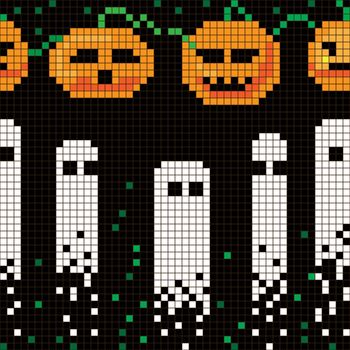 Halloween pixel seamless pattern, illustration of a scoreboard composition with digital graphic drawings of pumpkins and ghosts