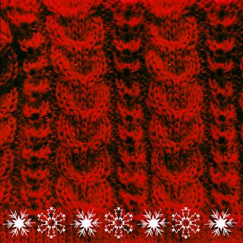 Knitted woolen texture braids red with snow crystal