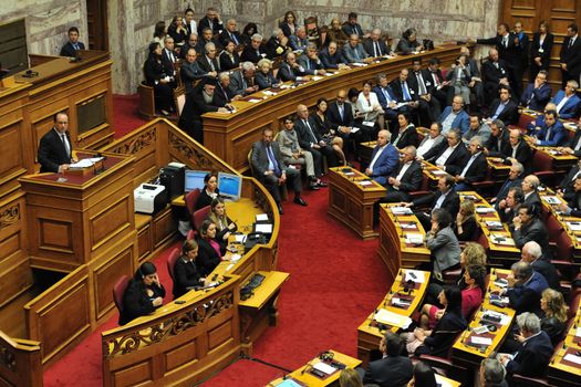 GREECE, Athens: French President Francois Hollande delivers a speech during the plenary session of the Greek Parliament, on the second day of his visit to Athens, on October 23, 2015.