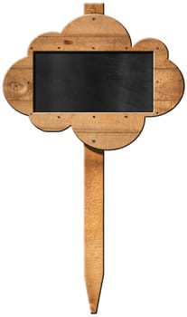 Empty blackboard with wooden frame in the shape of a cloud with nails hanging on a pole and isolated on white background