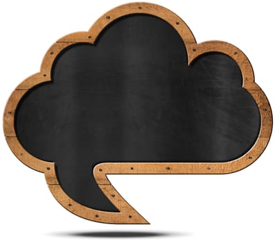 Empty blackboard with wooden frame in the shape of a speech bubble and cloud with nails. Isolated on white background