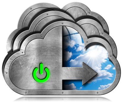 Metallic symbols in the shape of clouds with a blue sky and clouds. Concept of cloud computing