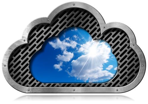 Metallic symbol in the shape of a cloud with a blue sky and clouds. Concept of cloud computing