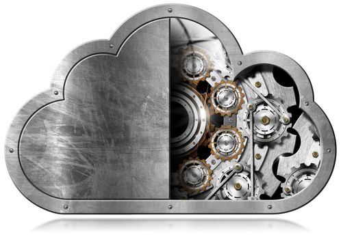 Metallic symbol in the shape of a cloud with metal gears. Concept of cloud computing