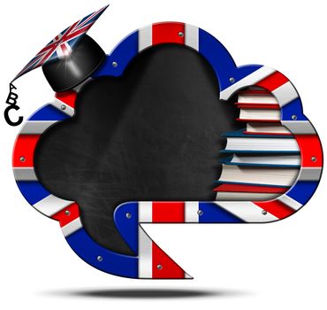 Blackboard speech bubble in the shape of a cloud with English flag, a stack of books and a graduation hat. Isolated on white background