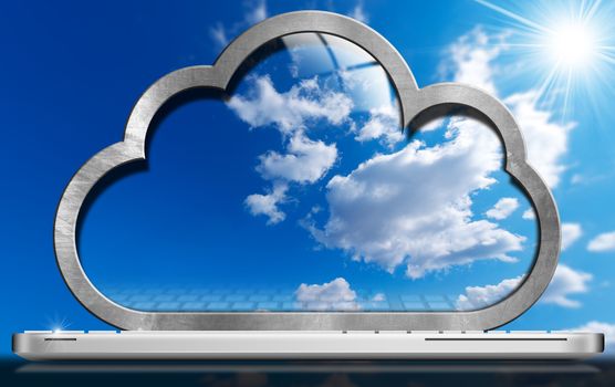 Laptop computer with a screen in the shape of a cloud with a blue sky and clouds. Concept of cloud computing
