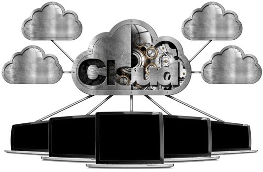 Laptop computer with metal symbols in the shape of clouds with gears. Concept of cloud computing