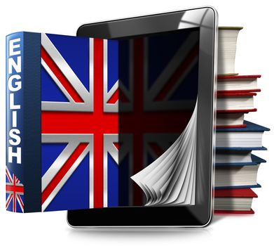 Black tablet computer with pages and an English book, a stack of books and Uk flag. Isolated on white background