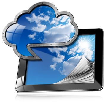 Tablet computer with metal symbol in the shape of a speech bubble and cloud with blue sky and clouds. Concept of cloud computing