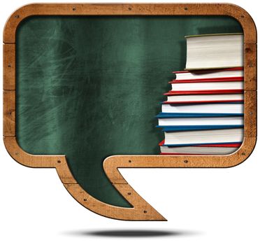 Empty blackboard with wooden frame in the shape of a speech bubble with a stack of books. Isolated on white background