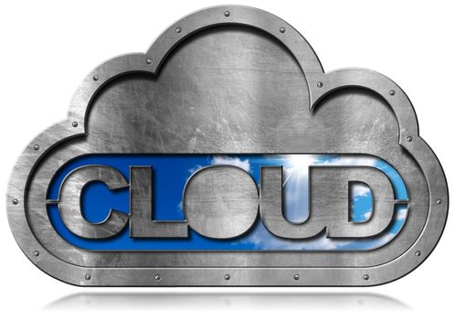 Metallic symbol in the shape of a cloud with a blue sky and clouds and text Cloud. Concept of cloud computing