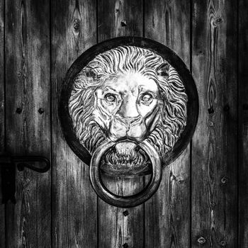 Antique door knocker shaped like a lion's head.