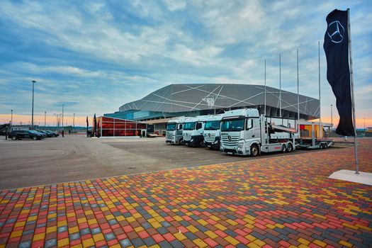 Lviv, Ukraine - OCTOBER 15, 2015: Mercedes-Benz Actros. Mercedes Benz star experience. The interesting series of test drives