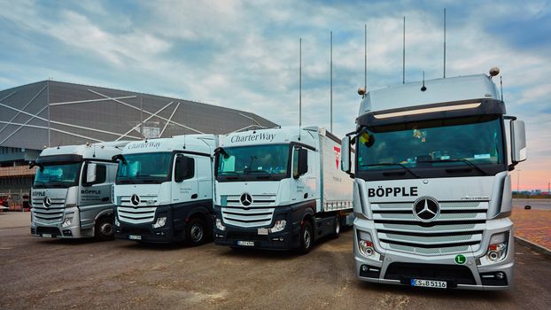 Lviv, Ukraine - OCTOBER 15, 2015: Mercedes-Benz Actros. Mercedes Benz star experience. The interesting series of test drives