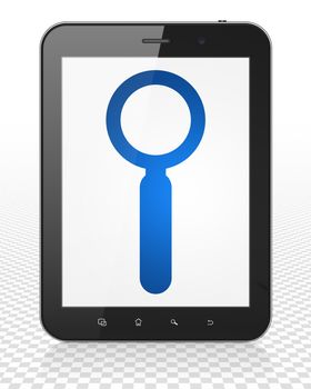 Data concept: Tablet Pc Computer with blue Search icon on display