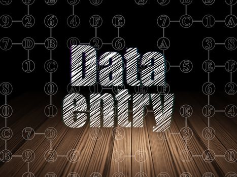 Data concept: Glowing text Data Entry in grunge dark room with Wooden Floor, black background with Scheme Of Hexadecimal Code