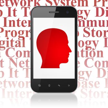 Information concept: Smartphone with  red Head icon on display,  Tag Cloud background