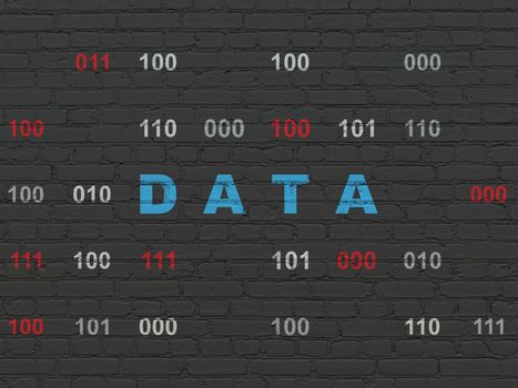 Data concept: Painted blue text Data on Black Brick wall background with Binary Code