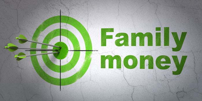 Success banking concept: arrows hitting the center of target, Green Family Money on wall background