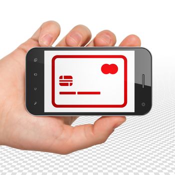 Business concept: Hand Holding Smartphone with  red Credit Card icon on display,  Binary Code background