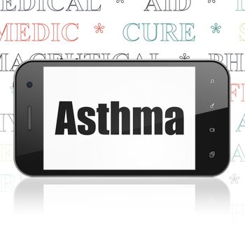 Healthcare concept: Smartphone with  black text Asthma on display,  Tag Cloud background