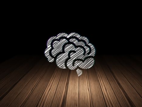 Health concept: Glowing Brain icon in grunge dark room with Wooden Floor, black background