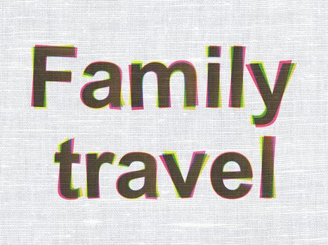 Vacation concept: CMYK Family Travel on linen fabric texture background