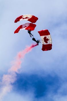 SPRINGBANK CANADA - 20 JUL 2015: Canadian military culture festival, Skyhawk's, the Canadian Forces Parachute Team on show day. The Great Military spirit from 1812-2015 exhibition.