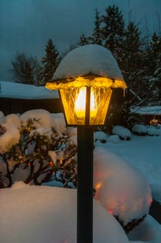 Lamp post covered in snow