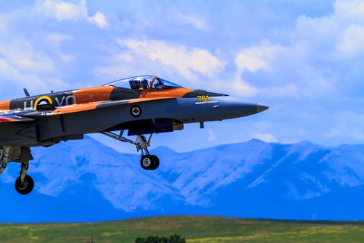 SPRINGBANK CANADA - JUL 20, 2015: The Snowbirds Demonstration Team demonstrate the skill, professionalism, and teamwork of Canadian Forces personnel during the Wings Over Lethbridge.