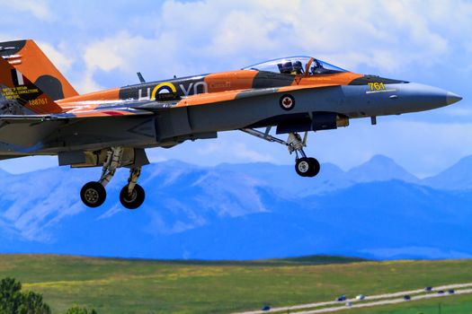 SPRINGBANK CANADA - JUL 20, 2015: The Snowbirds Demonstration Team demonstrate the skill, professionalism, and teamwork of Canadian Forces personnel during the Wings Over Lethbridge.