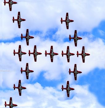 SPRINGBANK CANADA - JUL 20, 2015: The Snowbirds Demonstration Team demonstrate the skill, professionalism, and teamwork of Canadian Forces personnel during the Wings Over Lethbridge..