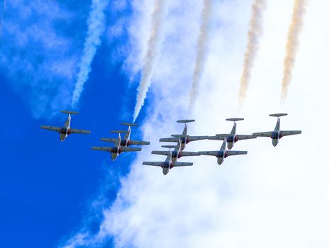 SPRINGBANK CANADA - JUL 20, 2015: The Snowbirds Demonstration Team demonstrate the skill, professionalism, and teamwork of Canadian Forces personnel during the Wings Over Lethbridge..