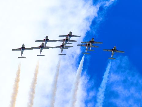 SPRINGBANK CANADA - JUL 20, 2015: The Snowbirds Demonstration Team demonstrate the skill, professionalism, and teamwork of Canadian Forces personnel during the Wings Over Lethbridge..