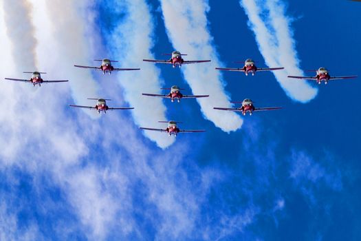 SPRINGBANK CANADA - JUL 20, 2015: The Snowbirds Demonstration Team demonstrate the skill, professionalism, and teamwork of Canadian Forces personnel during the Wings Over Lethbridge..