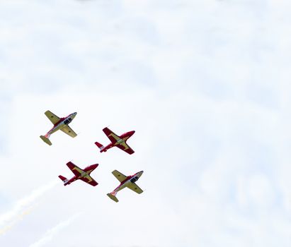 SPRINGBANK CANADA - JUL 20, 2015: The Snowbirds Demonstration Team demonstrate the skill, professionalism, and teamwork of Canadian Forces personnel during the Wings Over Lethbridge..