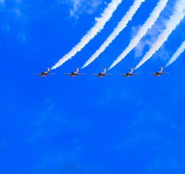 SPRINGBANK CANADA - JUL 20, 2015: The Snowbirds Demonstration Team demonstrate the skill, professionalism, and teamwork of Canadian Forces personnel during the Wings Over Lethbridge..