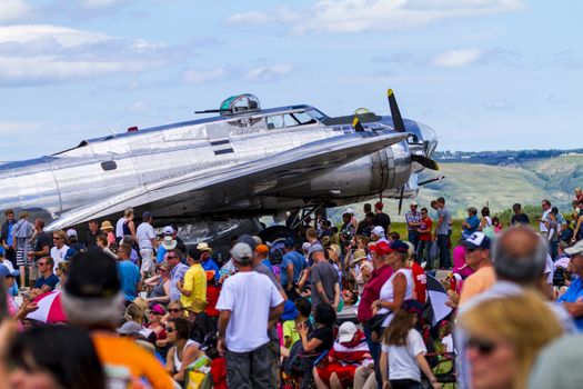 SPRINGBANK CANADA 20 JUL 2015: International Air Show and Open House for Canadian, USA and British current and historical military and civilian aircrafts. There were also numerous flights as well.