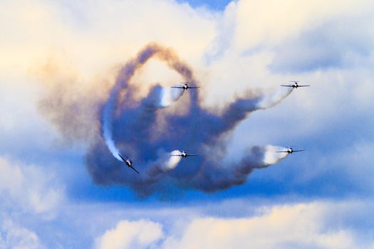 SPRINGBANK CANADA - JUL 20, 2015: The Snowbirds Demonstration Team demonstrate the skill, professionalism, and teamwork of Canadian Forces personnel during the Wings Over Lethbridge..