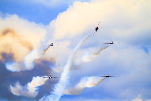 SPRINGBANK CANADA - JUL 20, 2015: The Snowbirds Demonstration Team demonstrate the skill, professionalism, and teamwork of Canadian Forces personnel during the Wings Over Lethbridge..