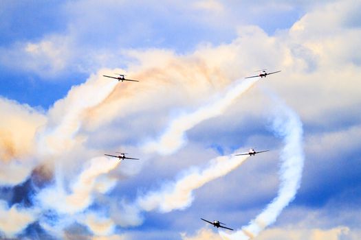 SPRINGBANK CANADA - JUL 20, 2015: The Snowbirds Demonstration Team demonstrate the skill, professionalism, and teamwork of Canadian Forces personnel during the Wings Over Lethbridge..