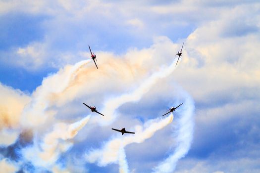 SPRINGBANK CANADA - JUL 20, 2015: The Snowbirds Demonstration Team demonstrate the skill, professionalism, and teamwork of Canadian Forces personnel during the Wings Over Lethbridge..