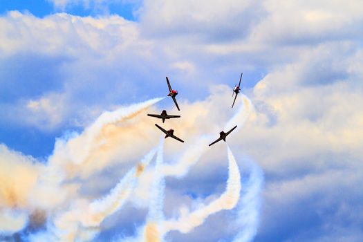 SPRINGBANK CANADA - JUL 20, 2015: The Snowbirds Demonstration Team demonstrate the skill, professionalism, and teamwork of Canadian Forces personnel during the Wings Over Lethbridge..