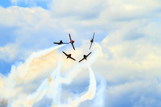 SPRINGBANK CANADA - JUL 20, 2015: The Snowbirds Demonstration Team demonstrate the skill, professionalism, and teamwork of Canadian Forces personnel during the Wings Over Lethbridge..